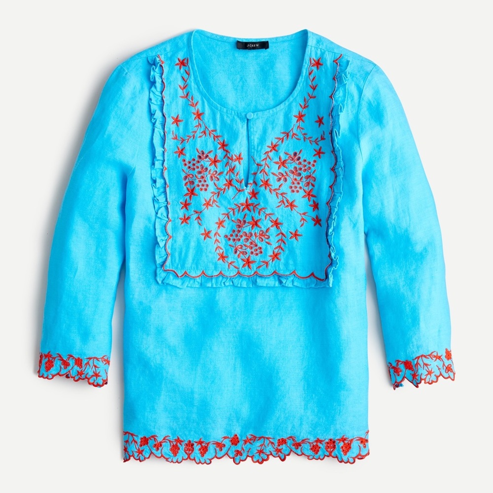 NWT j crew embroidery linen tunic in Monaco blue